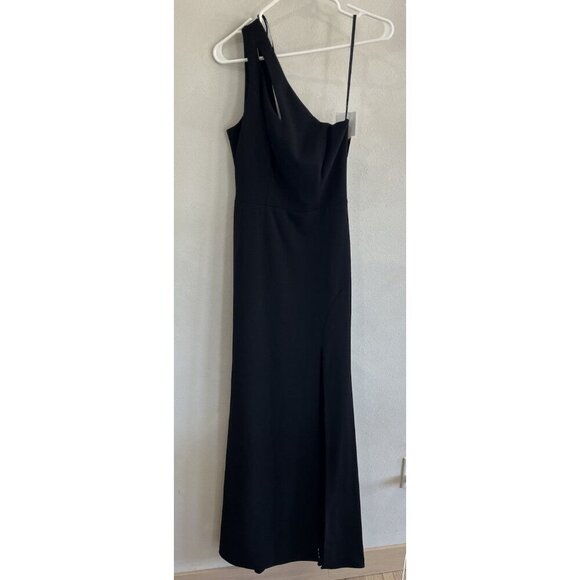 $248 XSCAPE Womens Black Gown One Sleeve Off Shoulder Maxi Evening Dress 4 - Picture 1 of 6